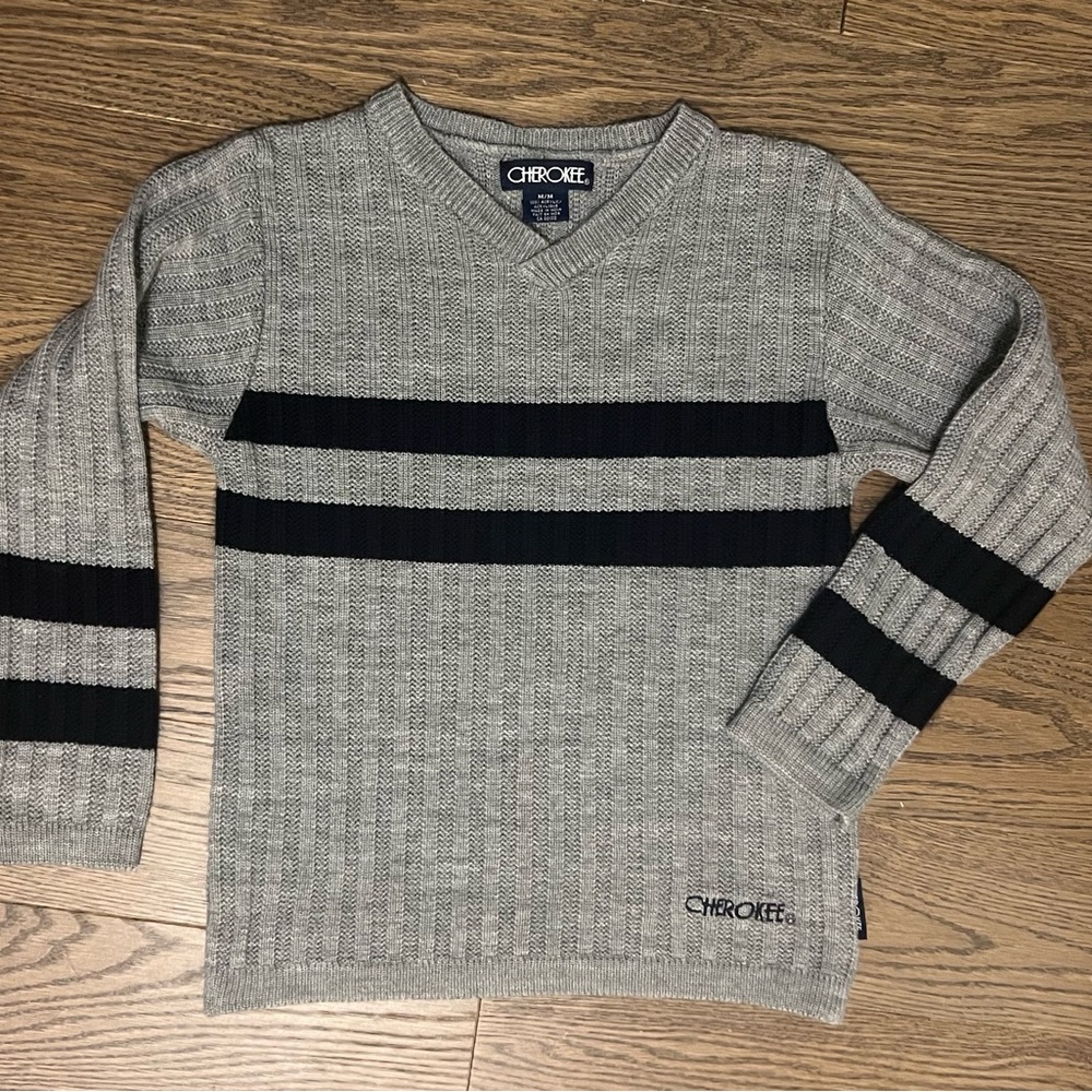 Cherokee boys V-Neck Sweater in Gray with navy Stripes
